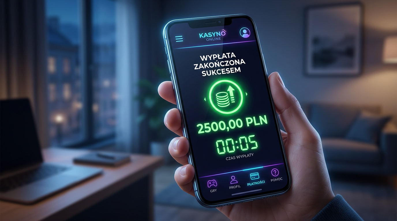 Smartfon z interfejsem kasyna online pokazujący szybką wypłatę środków w 5 minut.